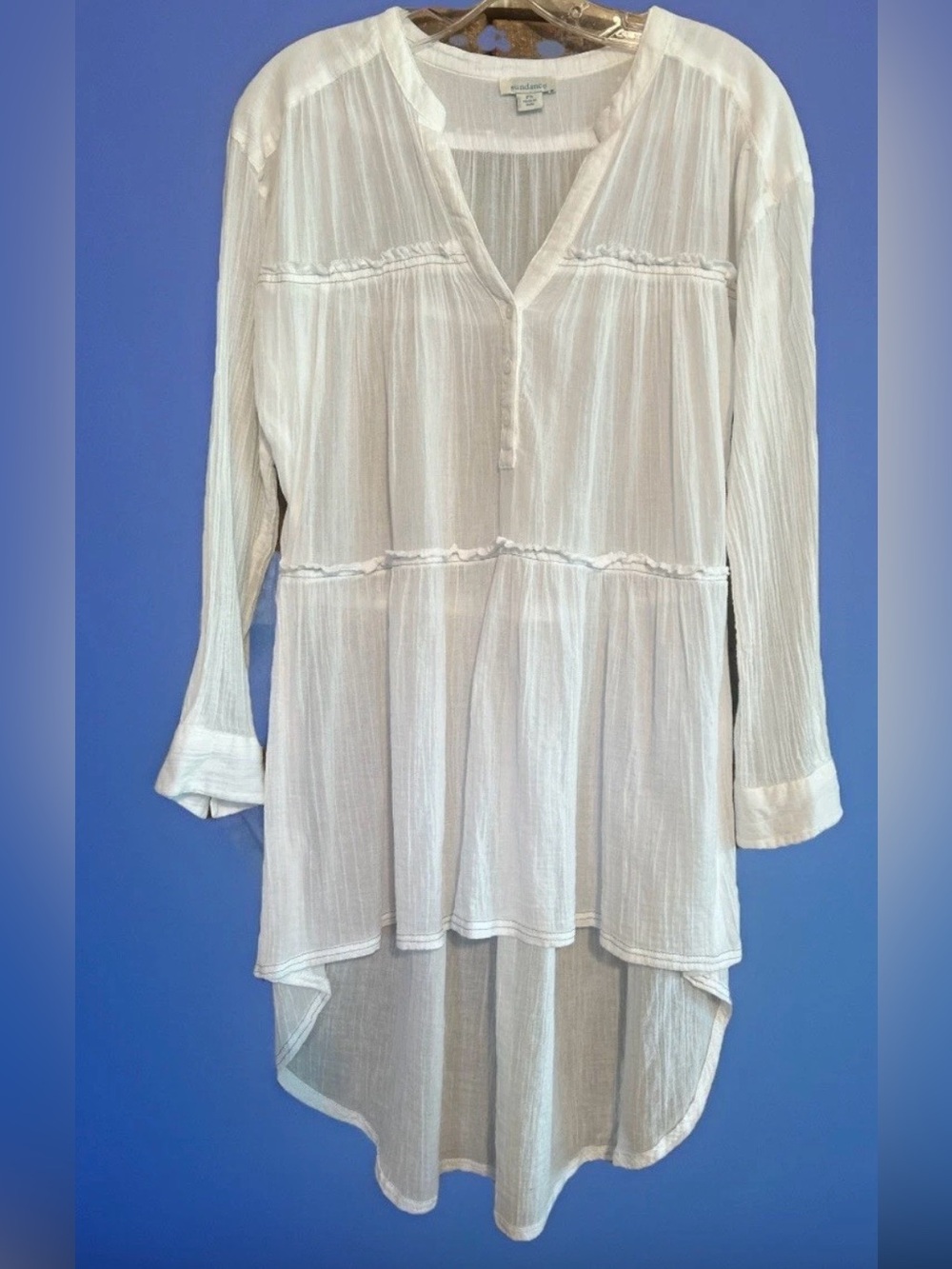 Sundance White Gauze Tiered Tunic Dress Cotton  Size PS Long Sleeves Lightweight